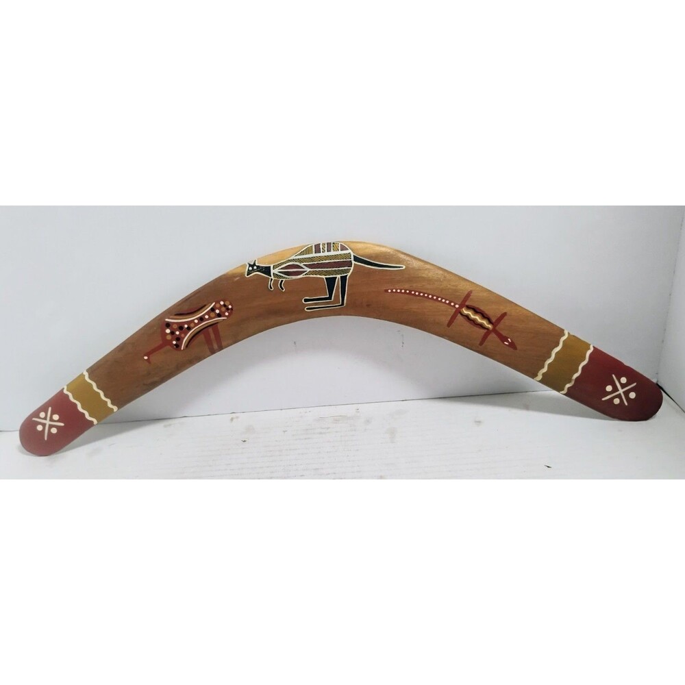 HAND PAINTED WOOD SOUVENIR 20" BOOMERANG W ABORIGINAL DESIGNS MADE IN AUSTRAILIA